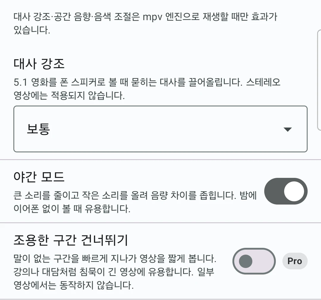 오디오 설정 화면 — 「조용한 구간 건너뛰기」가 있는 자리