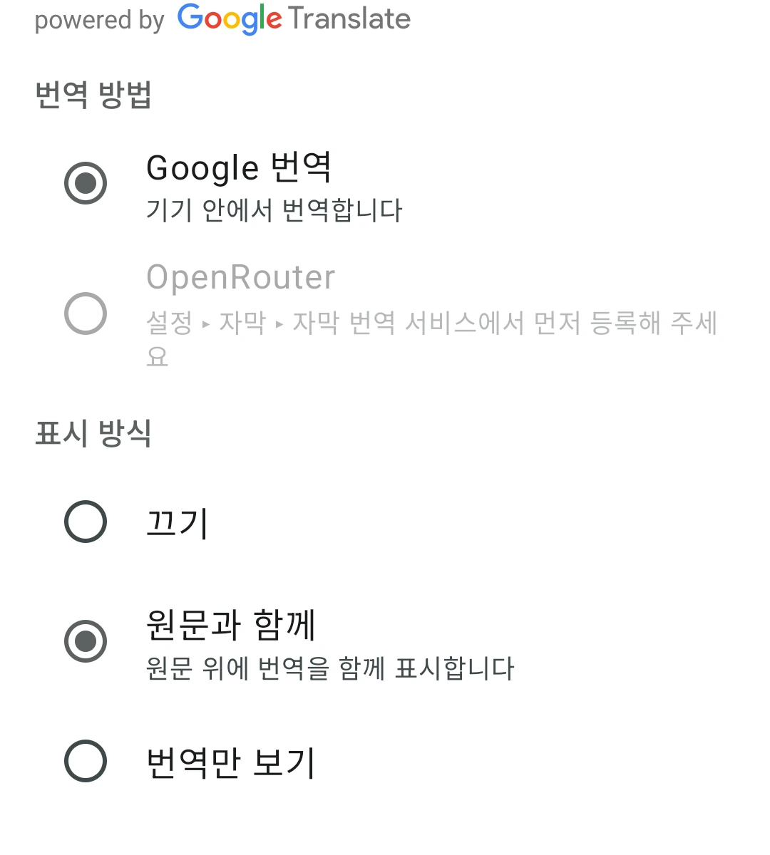 표시 방식과 번역 방법 화면