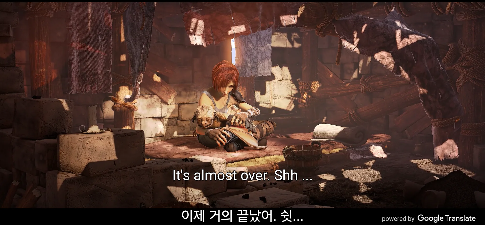 한국어 자막이 영어로 — 「이제 거의 끝났어. 쉿...」 위에 「It's almost over. Shh ...」